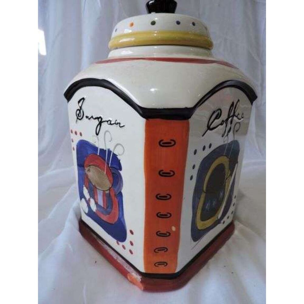 vtg. Nonni's Hand painted ceramic biscotti cookie jar with tea, sugar, coffee la